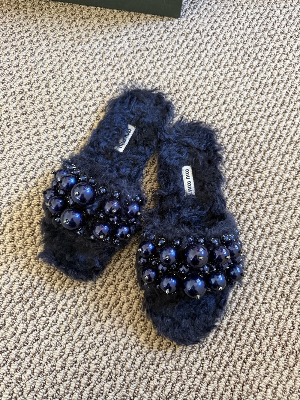 MIUMIU faux fur Blue beaded sandals mules shoes